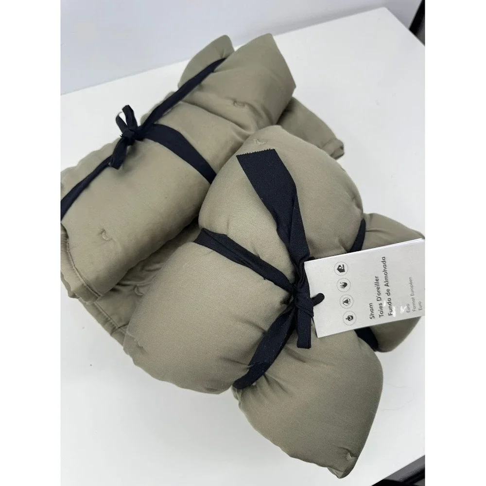 West Elm Cotton Velvet Pick Stitch Euro Sham Set Olive Green New